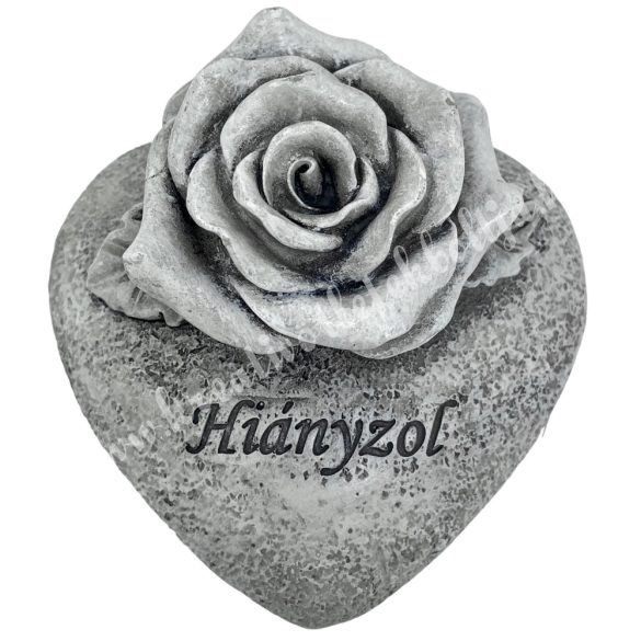 Polyresin szív rózsával, "Hiányzol", 10x5 cm