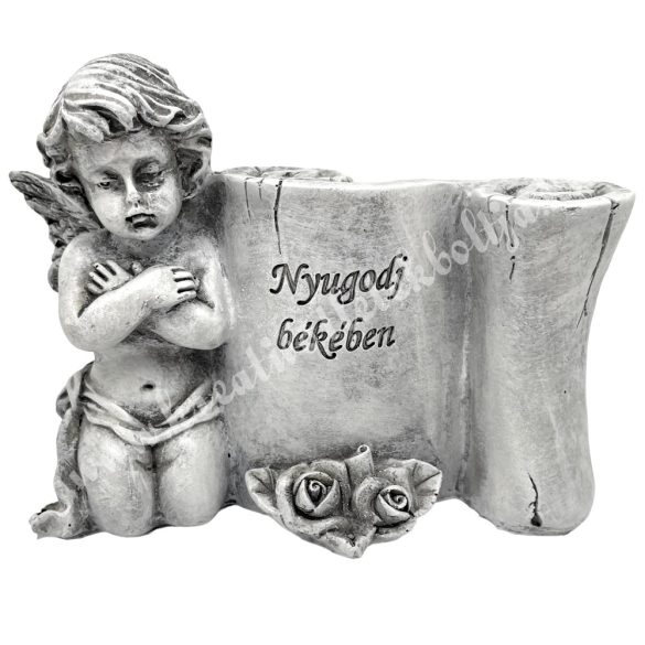 Polyresin angyal pergamennel, "Nyugodj békében", 13,5x10 cm