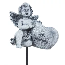  Beszúrós polyresin szív angyallal, "Mély fájdalommal" felirattal, 7x17 cm