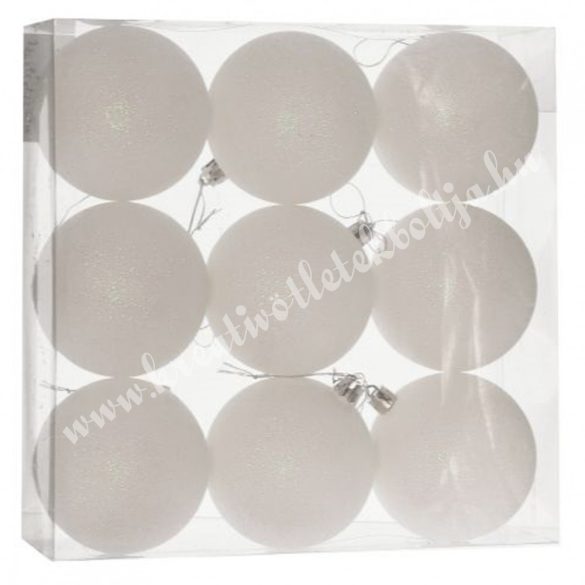 Műanyag gömb, fehér, glitteres, 8 cm, 9 db/doboz