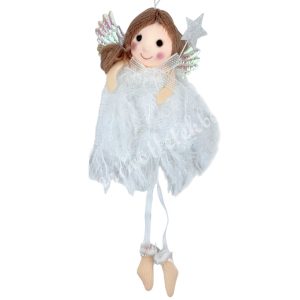 Akasztós textil angyal, csillaggal, fehér, 7x17 cm