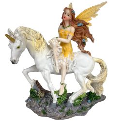 Polyresin tündér unikornissal, sárga, 13x16 cm
