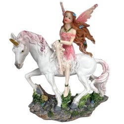 Polyresin tündér unikornissal, rózsaszín, 13x16 cm