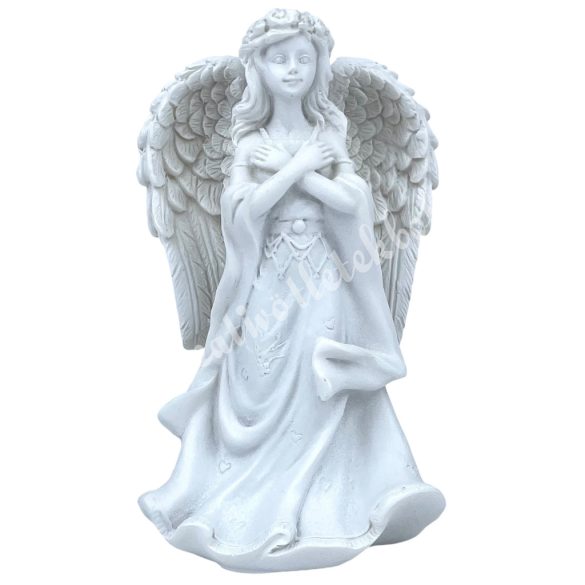 Polyresin angyal, keresztbe font kézzel, 6x9,5 cm