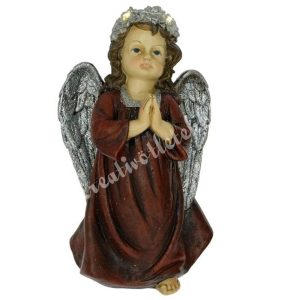 LED-es polyresin angyal, imádkozó, csillámos, 15x26 cm