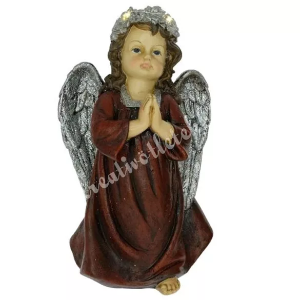 LED-es polyresin angyal, imádkozó, csillámos, 15x26 cm