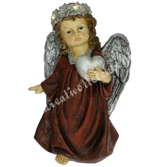 LED-es polyresin angyal szívvel, csillámos, 15x25 cm