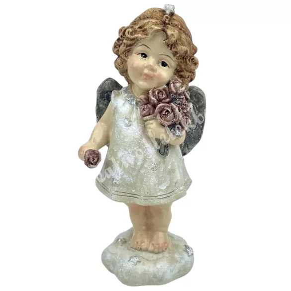 Polyresin angyal, rózsával, 6x13,5 cm