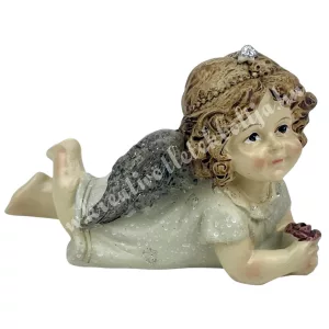 Polyresin fekvő angyal rózsával, 10x6,5 cm