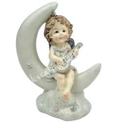 Polyresin angyal holdon, lanttal, 8,5x11,5 cm