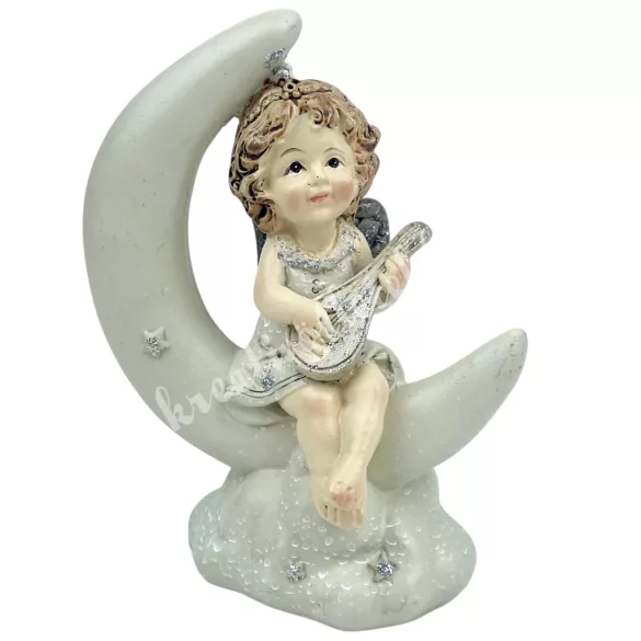 Polyresin angyal holdon, lanttal, 8,5x11,5 cm