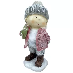 Polyresin kisfiú, ajándékkal, csillámos, 7x16 cm