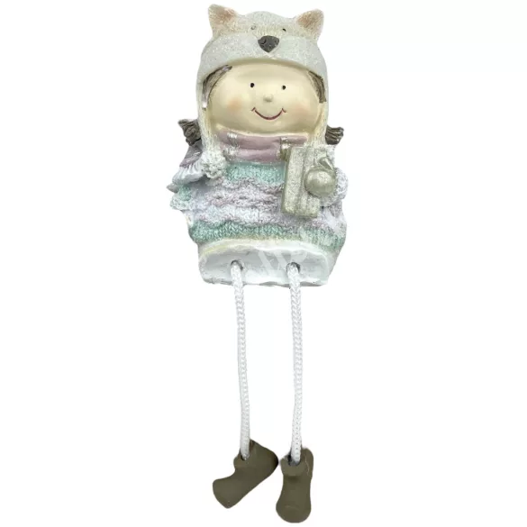 Lógó lábú polyresin kislány ajándékkal, 6,5x19 cm