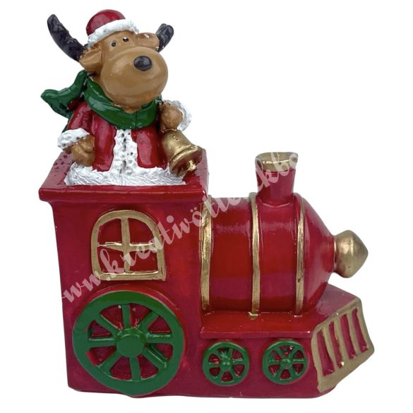 Polyresin mozdony szarvassal, piros, 7,5x9 cm