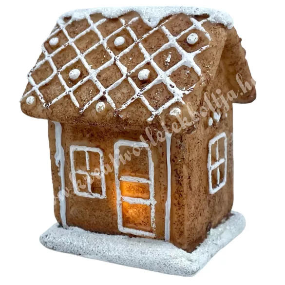 Polyresin mézeskalács házikó, led világítással, 6,5x8 cm