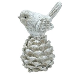 Polyresin madár tobozon, csillámos, 5,5x9 cm