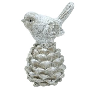 Polyresin madár tobozon, csillámos, 5,5x9 cm