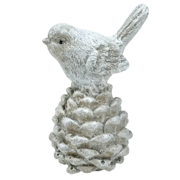 Polyresin madár tobozon, csillámos, 5,5x9 cm