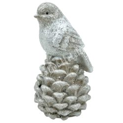Polyresin madár tobozon, csillámos, 5x9 cm