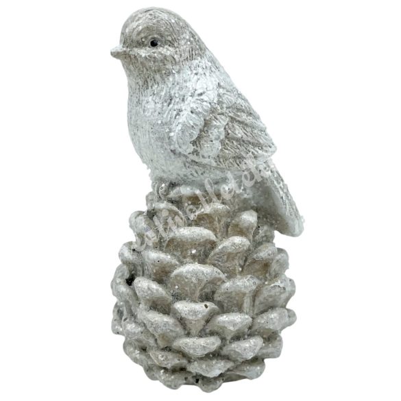 Polyresin madár tobozon, csillámos, 5x9 cm