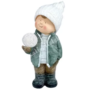 LED-es polyresin kisfiú gömbbel, 18,5x37 cm