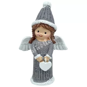 Polyresin angyal szívvel, szürke, 5,5x8,5 cm