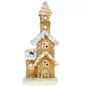 Polyresin mézeskalács templom LED világítással, 10x23 cm