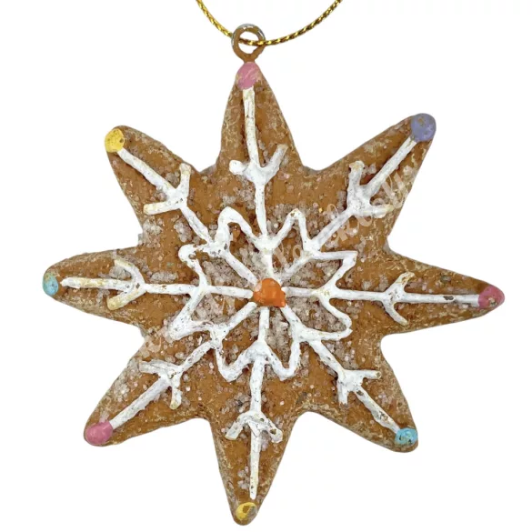 Akasztós polyresin mézeskalács hópehely, 7,5x7,5 cm