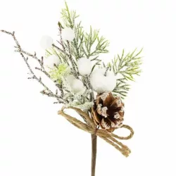 Havas ág almával, bogyóval és tobozzal, fehér, 24 cm