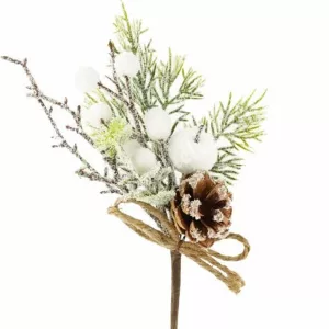 Havas ág almával, bogyóval és tobozzal, fehér, 24 cm