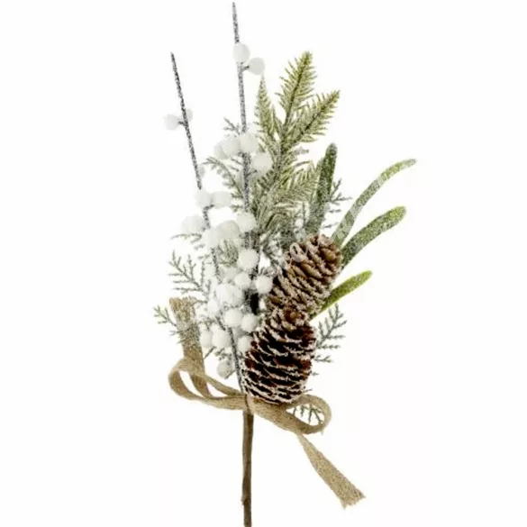 Havas ág bogyóval és tobozzal, fehér, 34 cm