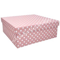 Papírdoboz, négyzet, rózsaszín, pöttyös, 18x7 cm