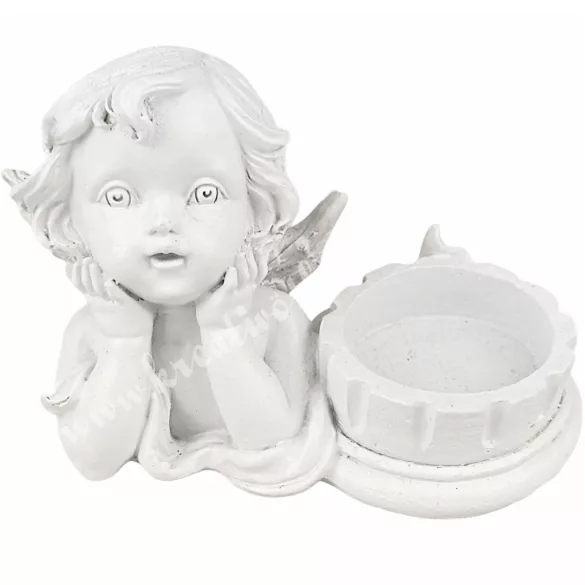 Polyresin mécsestartó angyal, fehér, 12x7,5 cm