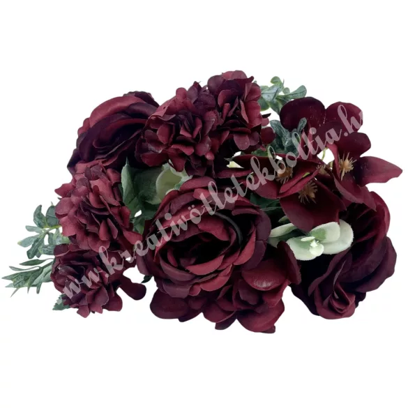 Peonia-rózsa-dália csokor, bordó, 31 cm