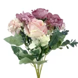 Peonia-rózsa-dália csokor, rózsaszín-mályva, 31 cm