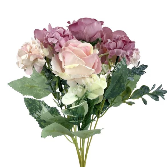 Peonia-rózsa-dália csokor, rózsaszín-mályva, 31 cm