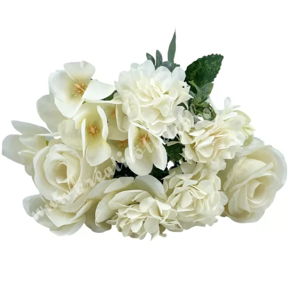 Peonia-rózsa-dália csokor, törtfehér, 31 cm