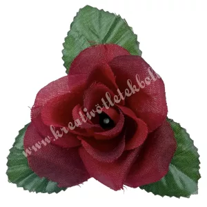 Selyemvirág rózsafej levéllel, piros, 8 cm