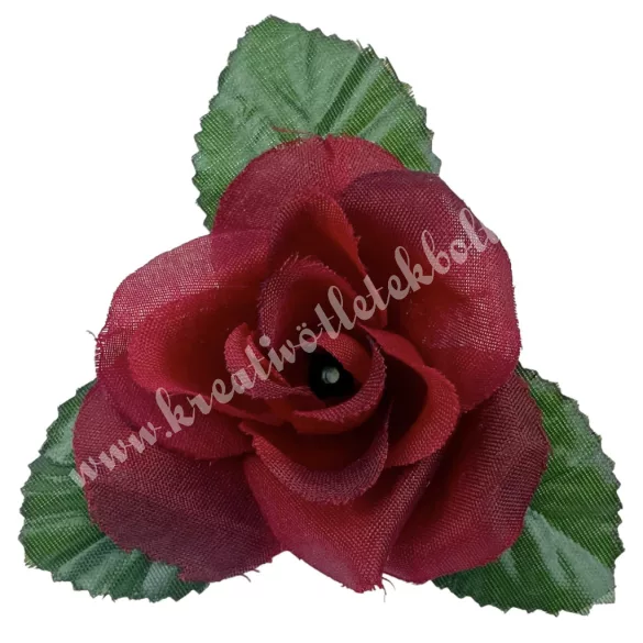 Selyemvirág rózsafej levéllel, piros, 8 cm