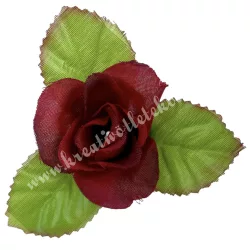 Selyemvirág rózsafej levéllel, piros, 8 cm