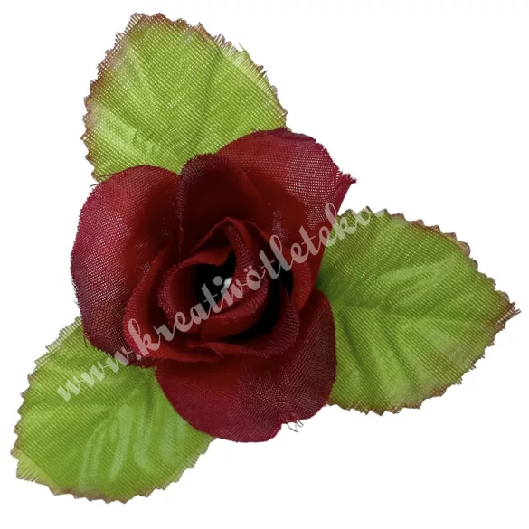 Selyemvirág rózsafej levéllel, piros, 8 cm