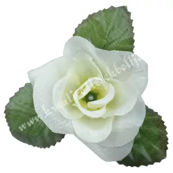 Selyemvirág rózsafej levéllel, törtfehér, 8 cm