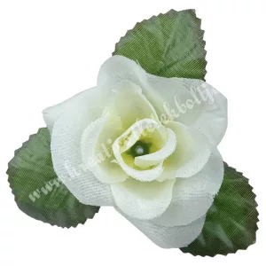 Selyemvirág rózsafej levéllel, törtfehér, 8 cm