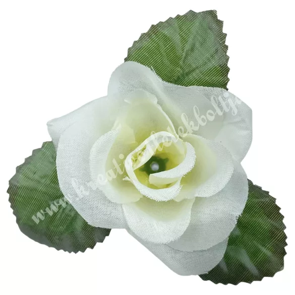 Selyemvirág rózsafej levéllel, törtfehér, 8 cm