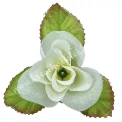 Selyemvirág rózsafej levéllel, törtfehér, 8 cm
