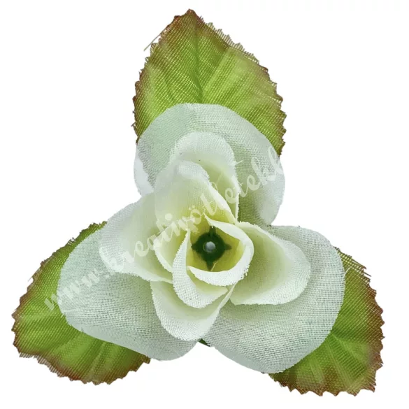 Selyemvirág rózsafej levéllel, törtfehér, 8 cm