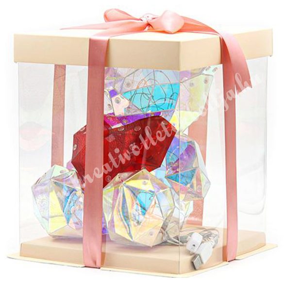 Akril maci led világítással, piros szívvel, 18x24 cm