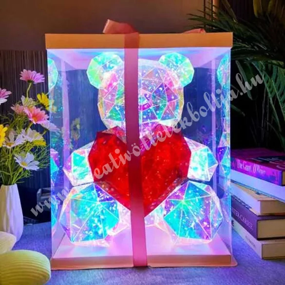 Akril maci led világítással, piros szívvel, 18x24 cm