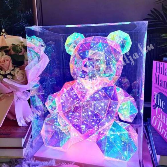 Akril maci led világítással, rózsaszín szívvel, 18x24 cm