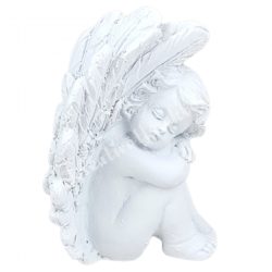 Polyresin angyal, bal kezén fekvő, fehér, 4x5,5 cm